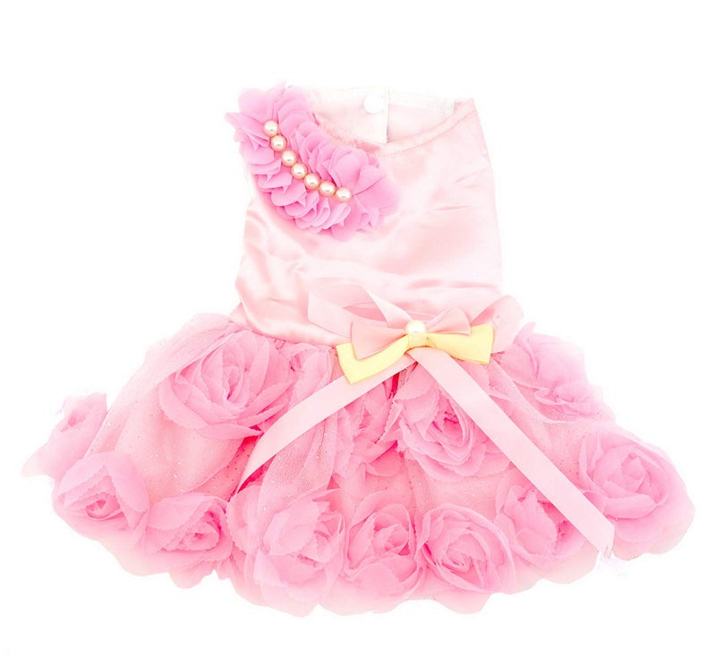 PAIDEFUL Pet Dress for Small Dog Girls Luxury Puppy Wedding Dress Rose Flower Lace Tutu Skirt Silky Bow Birthday Party Dog Clothes,Pink,Size M - Image 5